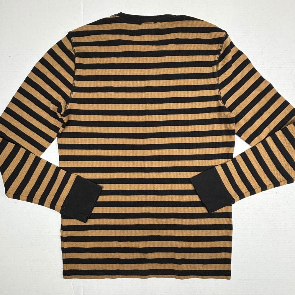 Express‎ Mens Thermal Shirt Striped Waffle Knit Black Tan Medium Retro Y2K EUC - Picture 3 of 10